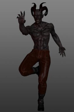 Siyah boynuzlu, kırmızı deri pantolon ve kahverengi kovboy çizmeleri giyen üç boyutlu kara şeytan. Boynuzlu üstsüz canavar. Gri bir arkaplanda izole edilmiş.