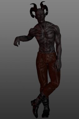 Siyah boynuzlu, kırmızı deri pantolon ve kahverengi kovboy çizmeleri giyen üç boyutlu kara şeytan. Boynuzlu üstsüz canavar. Gri bir arkaplanda izole edilmiş.