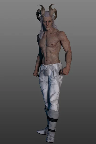 Beyaz saçlı, soluk boynuzlu, beyaz ve gri pantolon giyen bir iblisin üç boyutlu görüntüsü. Gömleksiz beyaz saçlı canavar. Gri bir arkaplanda izole edilmiş.