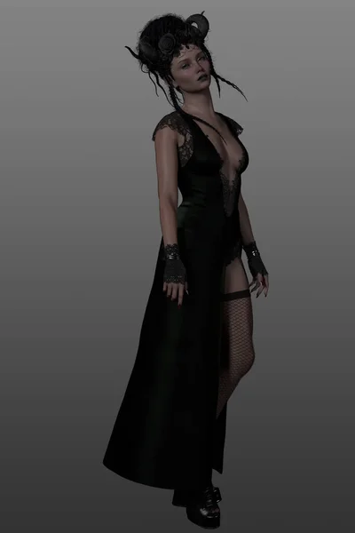 Renderizado Mujer Sexy Bruja Oscura Reina Vestido Negro Tocado Aislado Fotos De Stock Sin Royalties Gratis