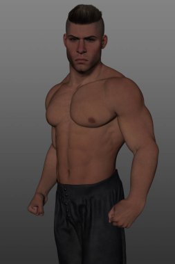 Belirli kasları olan, gri bir arka planda poz veren, yakışıklı, üstsüz bir adamın 3 boyutlu görüntüsü..