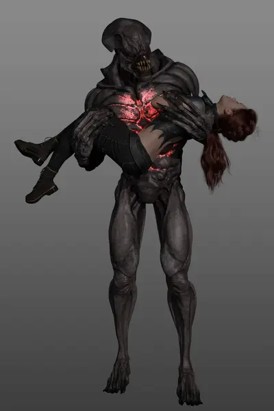 Gri bir arka planda izole edilmiş bir kadını taşıyan üç boyutlu bir iblis.