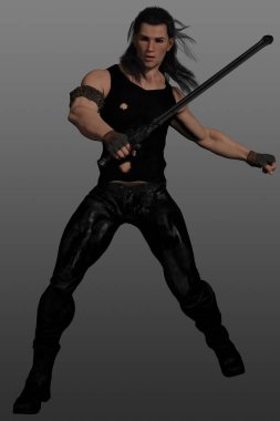 Siyah, uzun siyah saçlı ve eldivenli, gri arka planda izole edilmiş erkek savaşçının 3 boyutlu görüntüsü..