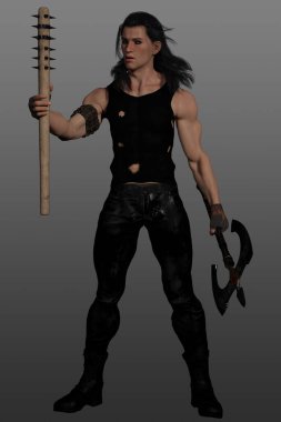 Siyah, uzun siyah saçlı ve eldivenli, gri arka planda izole edilmiş erkek savaşçının 3 boyutlu görüntüsü..