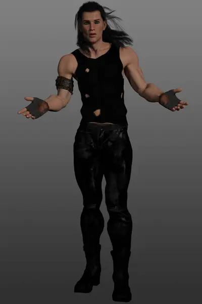 stock image 3D render of male warrior wearing black, long black hair and gloves, isolated on a grey background.