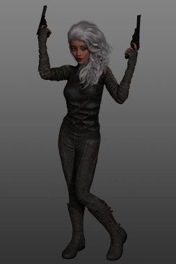 Gümüş saçlı ve deri elbiseli bir kadın savaşçı görüntüsü. Gri arka planda izole edilmiş, ikiz tabancalı genç bir dişi canavar avcısı..