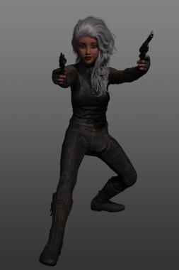 Gümüş saçlı ve deri elbiseli bir kadın savaşçı görüntüsü. Gri arka planda izole edilmiş, ikiz tabancalı genç bir dişi canavar avcısı..