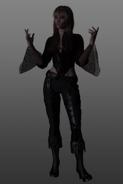 Çekici bir gotik kadının 3 boyutlu görüntüsü, deri giyiyor, izole bir arka planda poz veriyor..