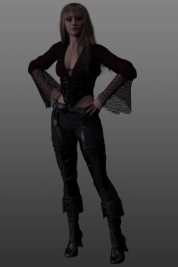 Çekici bir gotik kadının 3 boyutlu görüntüsü, deri giyiyor, izole bir arka planda poz veriyor..