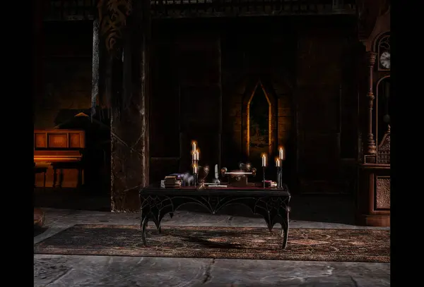 Issız bir masa, kitaplar ve mumlarla donatılmış loş bir şatonun içi.. 