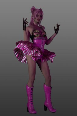 Gri bir arka planda izole edilmiş, fantezi kostümlü güzel bir kadının 3 boyutlu görüntüsü..