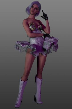 Gri bir arka planda izole edilmiş, fantezi kostümlü güzel bir kadının 3 boyutlu görüntüsü..