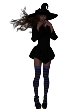 Cadılar Bayramı 'nda cadı gibi giyinmiş seksi kızıl saçlı bir kadının 3 boyutlu görüntüsü..