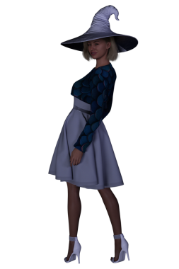 Mor elbiseli ve mor cadı şapkalı güzel bir cadının 3 boyutlu görüntüsü..