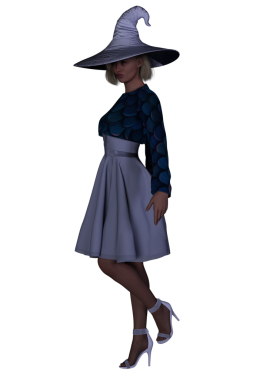 Mor elbiseli ve mor cadı şapkalı güzel bir cadının 3 boyutlu görüntüsü..