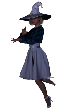 Mor elbiseli ve mor cadı şapkalı güzel bir cadının 3 boyutlu görüntüsü..