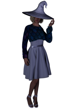 Mor elbiseli ve mor cadı şapkalı güzel bir cadının 3 boyutlu görüntüsü..