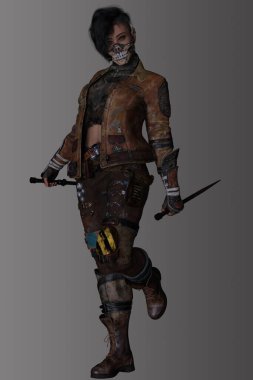 Gri arka planda izole edilmiş iki bıçaklı maskeli bir kadın kıyamet savaşçısının 3 boyutlu görüntüsü..
