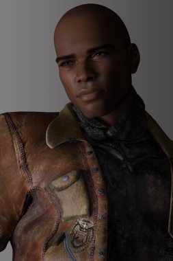 Gri arka planda izole edilmiş bir erkek kıyamet savaşçısının 3 boyutlu görüntüsü.