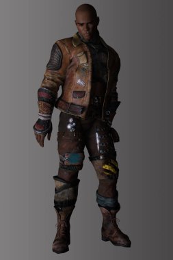 Gri arka planda izole edilmiş bir erkek kıyamet savaşçısının 3 boyutlu görüntüsü.