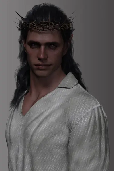 Üç boyutlu bir fantezi erkek Elf, savaşçı savaş lordu, Elf Kralı, dikenli taç giyiyor, gri bir arka planda izole edilmiş..