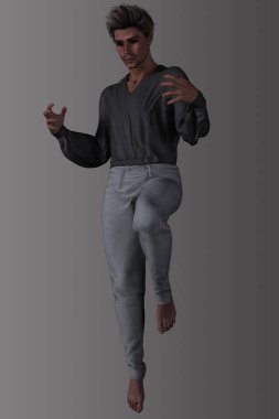 3 boyutlu bir insan ya da melek tasviri, havada uçuyor ya da poz veriyor. Gri gömlekli ve şık pantolonlu, ayakkabısız, sade bir arka planda, izole edilmiş..