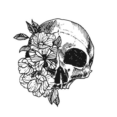 Egzotik çiçekli bir kafatası. Beyaz arkaplanda siyah, Kurukafa taslak vektör çizimi, Vektör el çizimi.