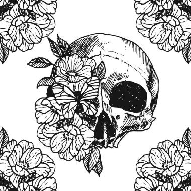 Egzotik çiçekli bir kafatası. Beyaz arkaplanda siyah, Kurukafa taslak vektör çizimi, Vektör el çizimi.