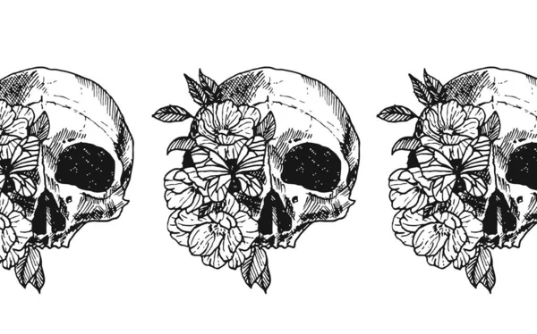 Totenkopf Mit Exotischen Blumen Schwarz Auf Weißem Hintergrund Skull Sketch — Stockvektor