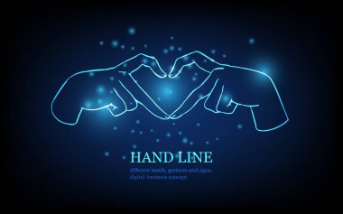 İnsan el çizgisi, farklı eller, jestler ve işaretler, aşk konsepti, fütüristik dijital yenilik arka plan çizimi.