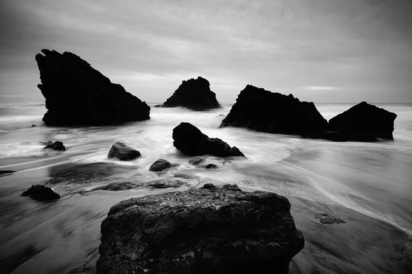 Black White Photo Beautiful Beach Lot Rocks — Stock Photo, Image