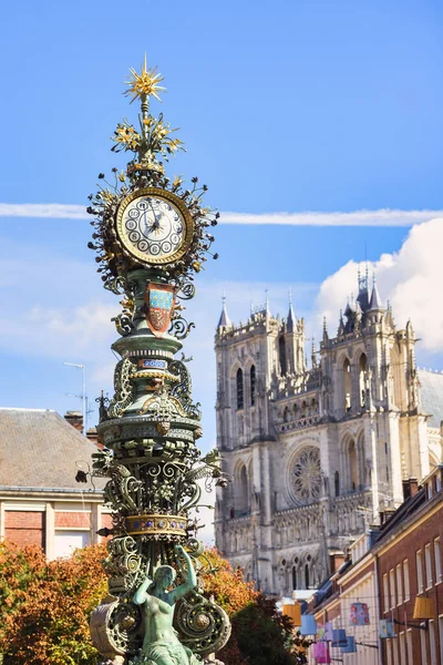 Historic Street Clock Famous Amiens Cathedral Background Amiens Hauts France — Stock Photo, Image