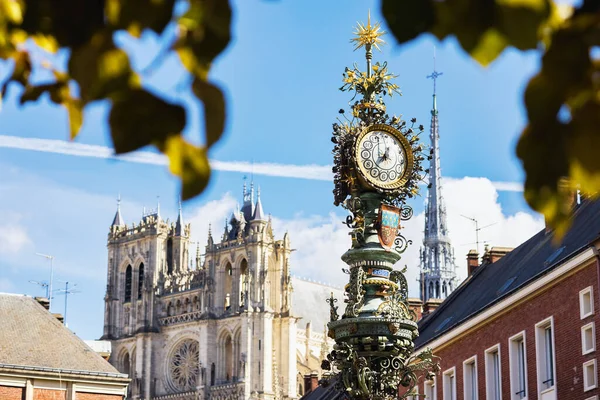 Historic Street Clock Famous Amiens Cathedral Background Amiens Hauts France — Stock Photo, Image