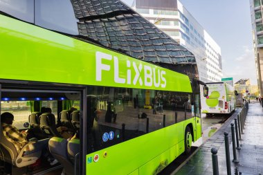 Lille, France - October 02, 2022: Flixbus at the Lille-Europe Station. Flixbus is a German brand that offers intercity bus service in Europe, North America, and Brazil