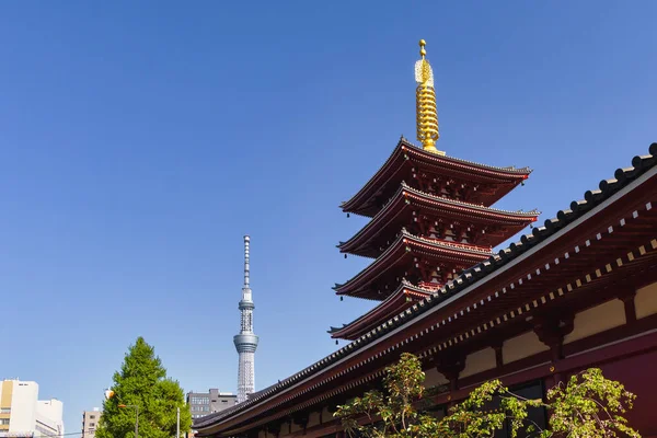 Foto Pagode Cinco Andares Templo Sensoji Asakusa Tóquio Com Skytree — Fotografia de Stock