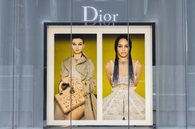 Tokyo, Japonya - 08 Nisan 2023: Tokyo 'daki bir Dior mağazasında marka harfleriyle vitrin görüntüsü. Dior, Christian Dior tarafından kurulan çok uluslu bir Fransız moda evi.