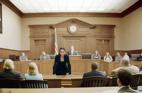 Asijka Soudní Síni Jako Právnička Mluví Svědkyní Soudkyní Soudu Koncepce — Stock fotografie