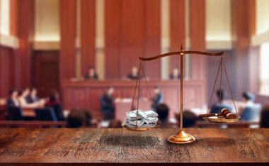 striking image of a scale tipping on courtroom in favor of a pile of bills heavier than a judge's hammer is a reflection of our societal obsession with money and material wealth. clipart
