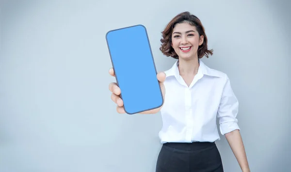 Asian Woman Holding Smartphone Mockup Blank Screen Application Display Show — Stock Photo, Image