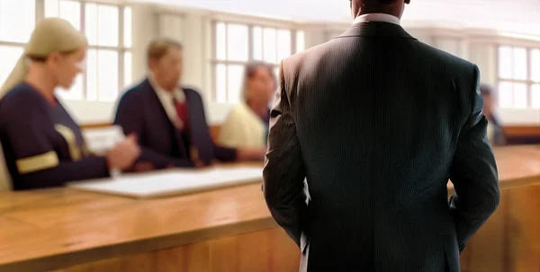 Back View Attorney Talking Jury Influence Judgment Client Bench Courtroom Stock Image