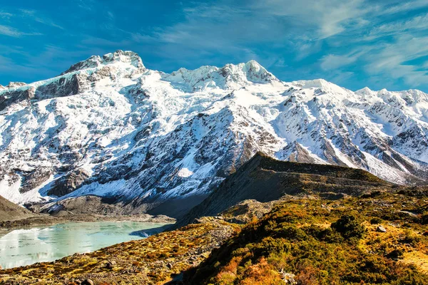 Sněhem Pokryté Vrcholky Pohoří Jižních Alp Jako Pozadí Ledovcového Jezera — Stock fotografie