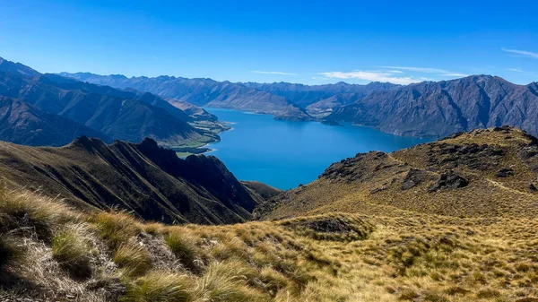 stock image Lake Hawea seen from the Ishmus peak walking track on the hike to the peak