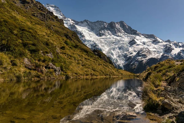 Malý Alpský Tarn Vrcholu Stezky Sealy Tarns Zrcadlovými Odlesky Zasněžených — Stock fotografie