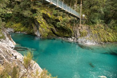 Kayın ormanlarından Makarora Nehri 'ni geçen sallanan bir köprüye git. Tahta yolu takip edip Mavi Havuz üzerindeki izleme platformuna gidin ve Mavi Havuz Köprüsü 'nü geçin. 