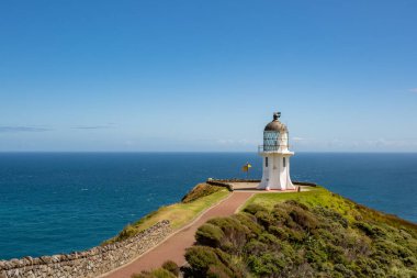Tasman Denizi ve Pasifik Okyanusu 'nun buluştuğu yer Cape Reinga ve tarihi deniz feneri.