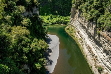 Rangitikei Nehri 'nin turkuaz suyu Yeni Zelanda' nın Manawatu Bölgesi 'ndeki kanyonlarda ve geçitlerde yüksek uçurumlardan ve kaya duvarlarından akıyor.