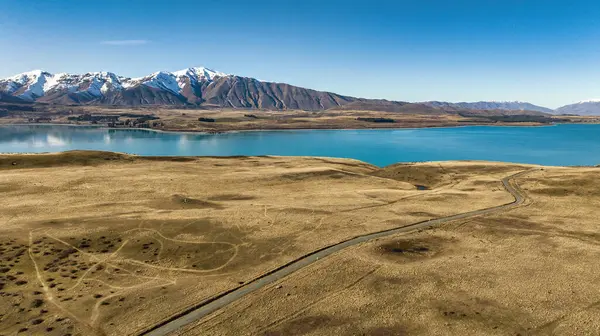 stock image Aerial views of Lake Tekapo from Godleys peak gravel road on the long drive  to Glenmore station