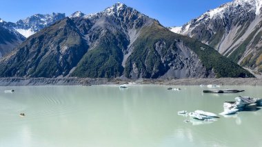 Ice and icebergs floating in the alpine lake in the Tasman valley in Mt Cook National park