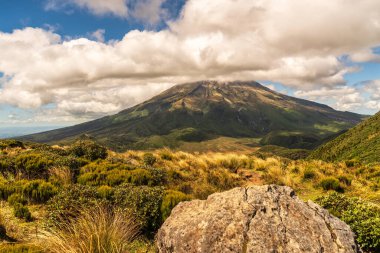 Taranaki dağının yamaçlarındaki yemyeşil çalılar Alp Pouakai Tarnlarına tırmanıyor.