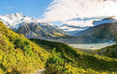 Scenic alpine mountain and lake views in Mt Cook national park clipart